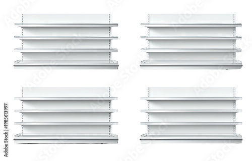 Four identical, white retail display shelving units, each featuring four levels, set against a black backdrop