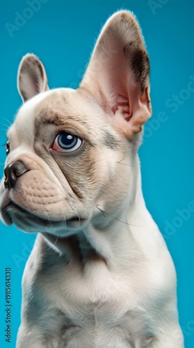 Close-up portrait of a white French Bulldog puppy with blue eyes against a bright blue background.