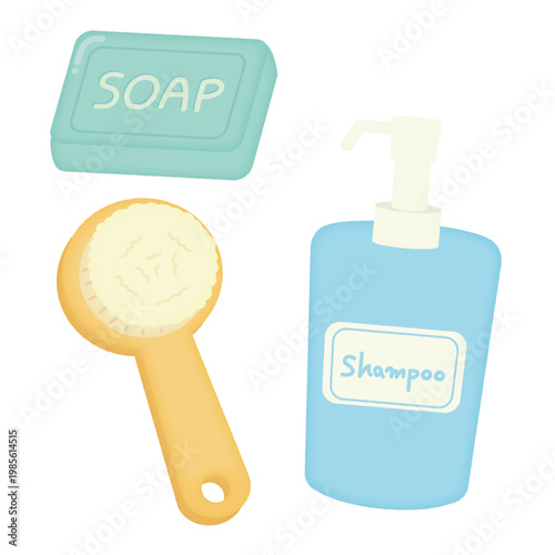 お風呂のアイテムイラストセット|石鹸・シャンプー・ブラシ/Bath item illustration set
