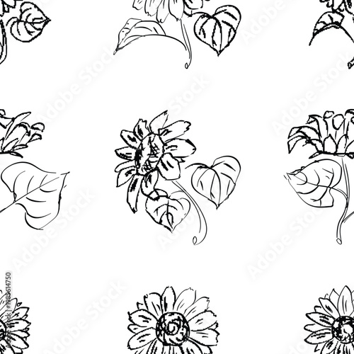 Hand drawn sunflowers and detailed leaves in a seamless black and white ink sketch pattern, elegant botanical line art perfect for backgrounds, textiles, wallpaper, and print
