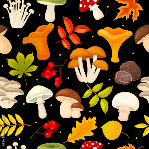 Seamless vector pattern with mushrooms. Modern cartoon-style background, nature illustration with mushrooms. Suitable for children's clothing, autumn decorations, and Thanksgiving cards.