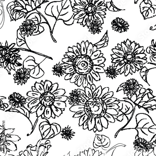 A textile featuring a seamless pattern of black and white flowers on a white background. Monochrome outline vector floral background. Sunflowers sketchy print