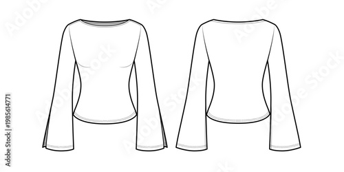 Women's Long-Sleeve Top with Flared Side Slit Sleeves-Front and Back View- Fashion Flat- Vector Illustration- CAD Mock-up