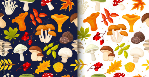 Seamless vector pattern with mushrooms. Modern cartoon-style background, nature illustration with mushrooms. Suitable for children's clothing, autumn decorations, and Thanksgiving cards.
