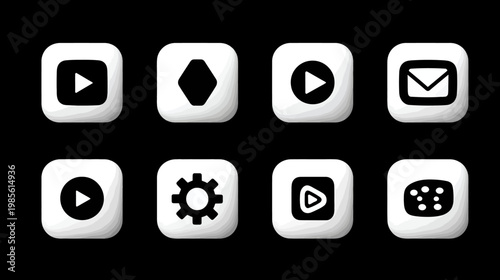 Modern Black and White App Icons Set for Digital Interface Design and Multimedia Applications - Minimalist Graphic Elements