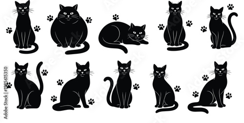 Black Cat Silhouette Icon Set Featuring Cute Sitting Walking and Lying Cats with Paw Prints for Pet Design Halloween and Decorative Projects