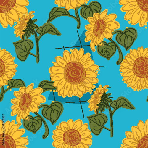 Cheerful sunflowers with lush green leaves create a lively pattern against a vivid blue backdrop. The seamless design captures the essence of summer and nature's beauty