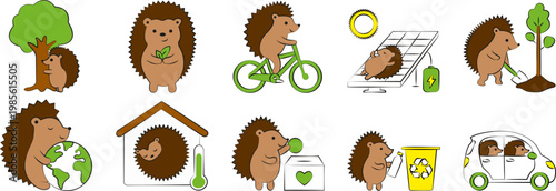 Set de 10 icônes / illustrations vectorielles sur l’écoresponsabilité avec un hérisson (flat design, style cartoon, couleurs)