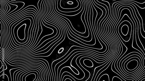 Abstract topographic contour lines flowing on black background, white fluid waves motion graphic.