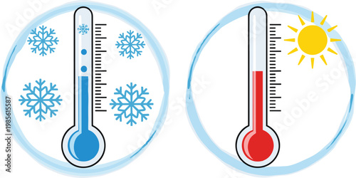 Hot and Cold Temperature Icon Set Featuring Thermometer with Snowflake and Sun Symbols for Weather Climate Control and Seasonal Design