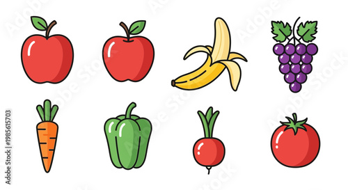 Assortment of Fresh Fruits and Vegetables Icons: Apple, Banana, Grapes, Carrot, Pepper, Radish, Tomato