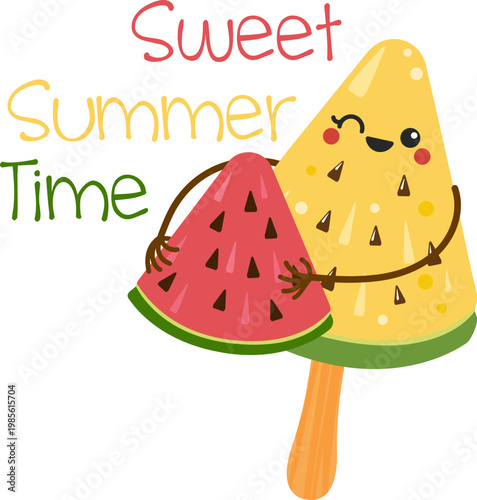 Cute Kawaii Ice Cream and Watermelon Character with Sweet Summer Time Text, Funny Hugging Cartoon Food Illustration in Bright Colors for Kids Design