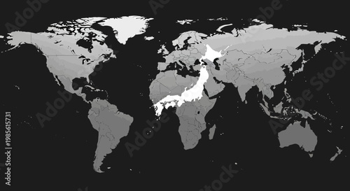 World Map Highlighting Japan in White, Global Political Map