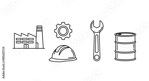 Industrial icons: factory, gear, helmet, wrench, oil barrel, construction, manufacturing, engineering