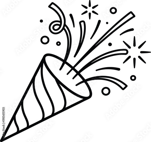 Party popper with fireworks and confetti vector illustration. hand drawn outline art of festive cone and stars.