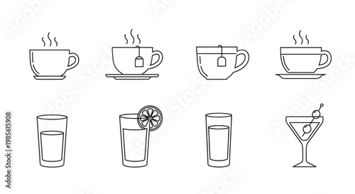 Collection of Line Art Icons: Hot Drinks and Cold Beverages in Glasses