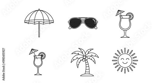 Summer Vacation Icons: Umbrella, Sunglasses, Cocktails, Palm Tree, Sun