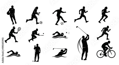 Diverse Sports Silhouettes: Athletes in Action - Running, Swimming, Golf, Cycling, Tennis, Soccer