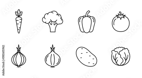 Set of fresh vegetable icons: carrot, broccoli, pepper, tomato, onion, potato, cabbage