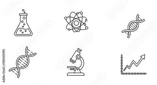 Science Icons: DNA, Microscope, Atom, Flask, Graph - Vector Set