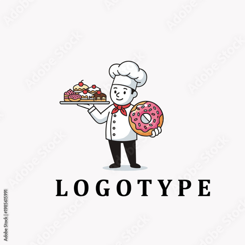 Cute Pastry Chef Mascot Holding Tray of Cakes and Giant Glazed Donut Bakery Logo Design