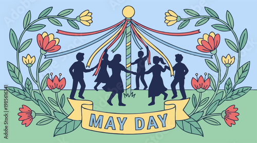 Obraz na plátně May Day celebration with people dancing around a traditional maypole and spring