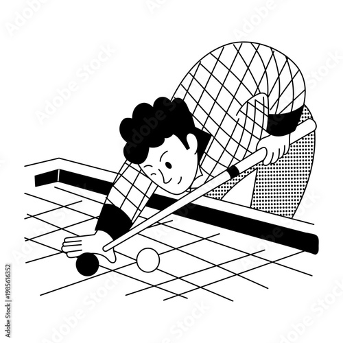 Hand drawn style illustration showing a snooker player taking shot
