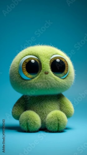 A green stuffed toy with large eyes sits on a blue background with a soft, blurred effect.