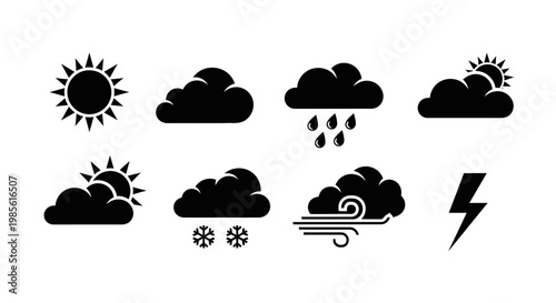 Weather Icons Set: Sun, Clouds, Rain, Snow, Wind, Lightning, Storm