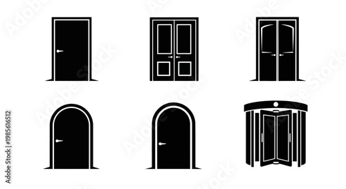 Collection of Six Different Door Icons: Modern, Classic, Arched, and Revolving Doors