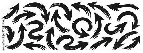 Hand Drawn Brush Stroke Arrows Collection - Black Grunge Directional Signs and Swirls on White Background