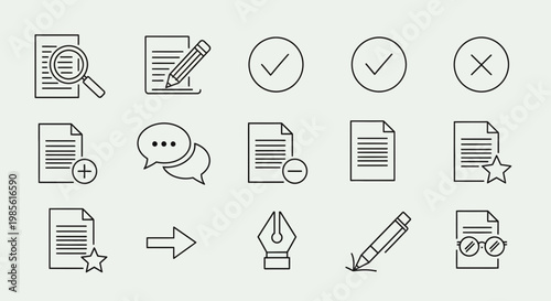Set of document and writing icons: magnifying glass, pencil, checkmarks, cross, add, delete, star, chat, pen nib, writing pen