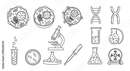 Hand-drawn Science Icons: Cells, DNA, Microscope, Lab Equipment, Chemistry