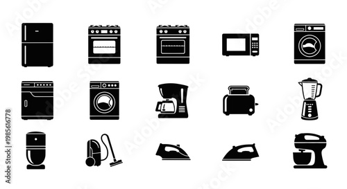 Set of Black Household Appliances Icons on White Background