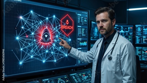 Scientist points at a glowing network screen