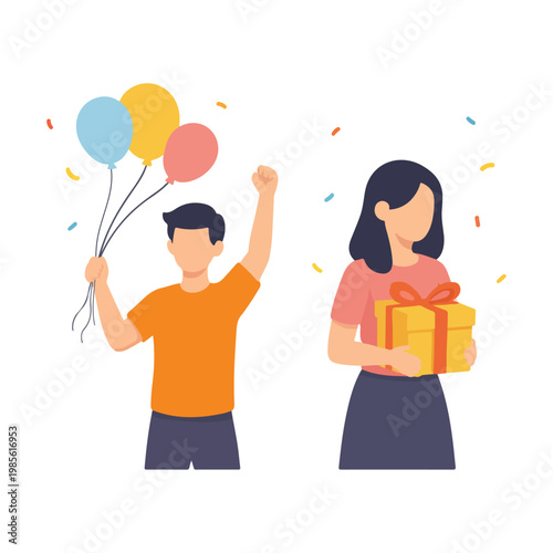 Man Holding Balloons and Woman Holding Gift Box with Confetti Celebrating Event