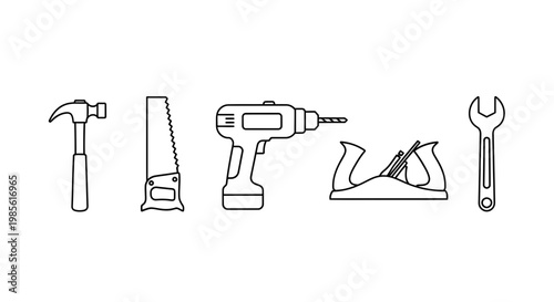 Set of Hand Tools: Hammer, Saw, Drill, Plane, Wrench - Vector Icons