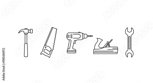 Set of carpentry tools: hammer, saw, drill, plane, wrench on white background