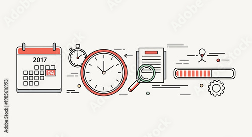 Business planning and progress tracking with calendar, clock, magnifying glass, and progress bar