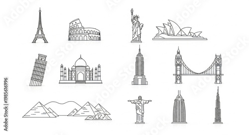Collection of famous world landmarks sketched in black and white.