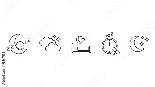 Sleep icons set with moon, alarm clock, clouds, and restful stars for bedtime routine and night rest design