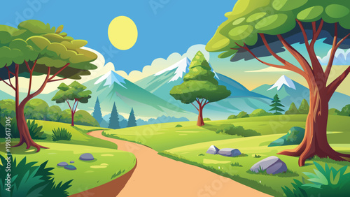 Vibrant cartoon landscape of A serene forest path under a bright sunlit sky during daytime Vector
