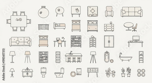 Collection of Hand Drawn Furniture and Home Decor Icons.