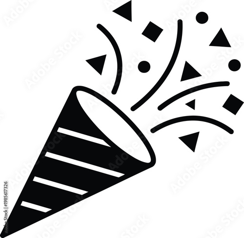 Party popper with confetti vector icon. black silhouette of a festive cone with geometric shapes.