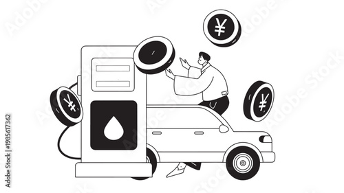 Credit card and cash icons with delivery truck and delivery worker for fuel payment concept in vector style