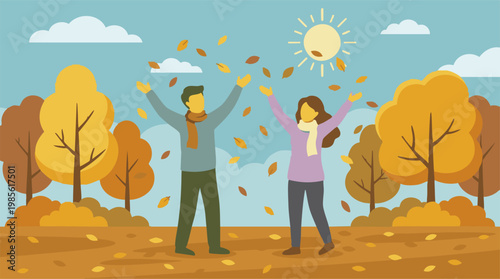 Happy couple enjoying the autumn season, throwing fall leaves in a park