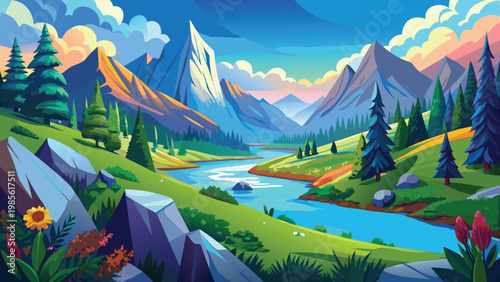 Vibrant cartoon landscape of Serene mountain valley at golden hour with lush greenery and clear skies Vector