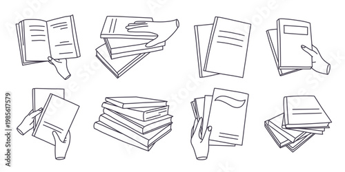 Books, magazines, notebook, textbook, literature, notepad doodle sketch style set. Hand drawn ink illustrations single book, stack, group, textbook in hand, open notebook. Education, learning, reading