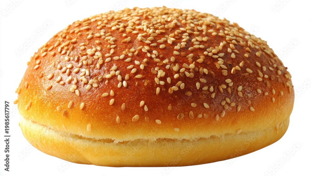 Fototapeta premium Golden-brown, fluffy, round bread roll topped with toasted sesame seeds