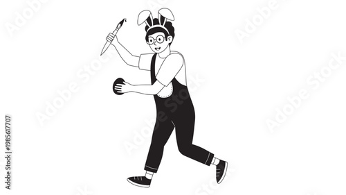 Female pirate illustration with sabre in one hand and running pose in flat black line art on white background